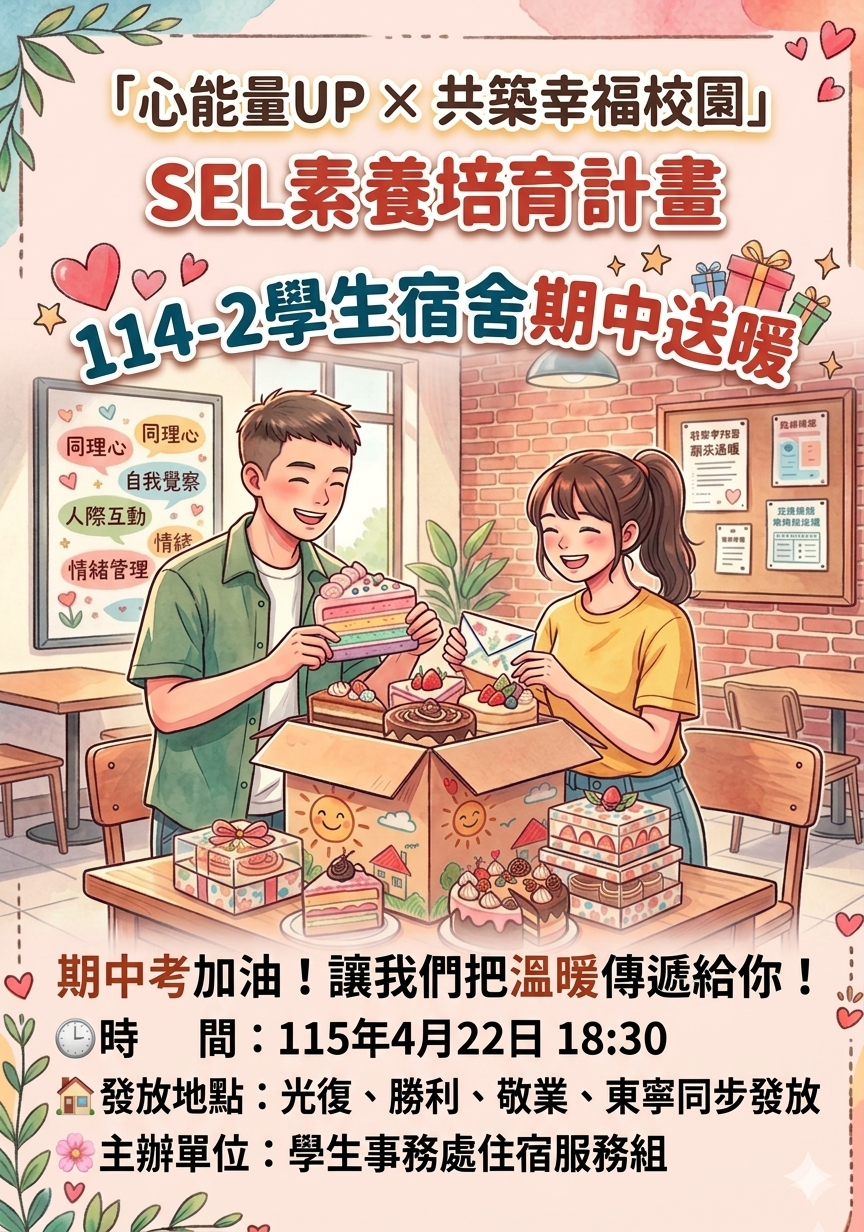 115年「心能量UP × 共築幸福校園」SEL素養培育計畫-114-2期中宿舍送暖 (活動時間:115/04/22 18:30)